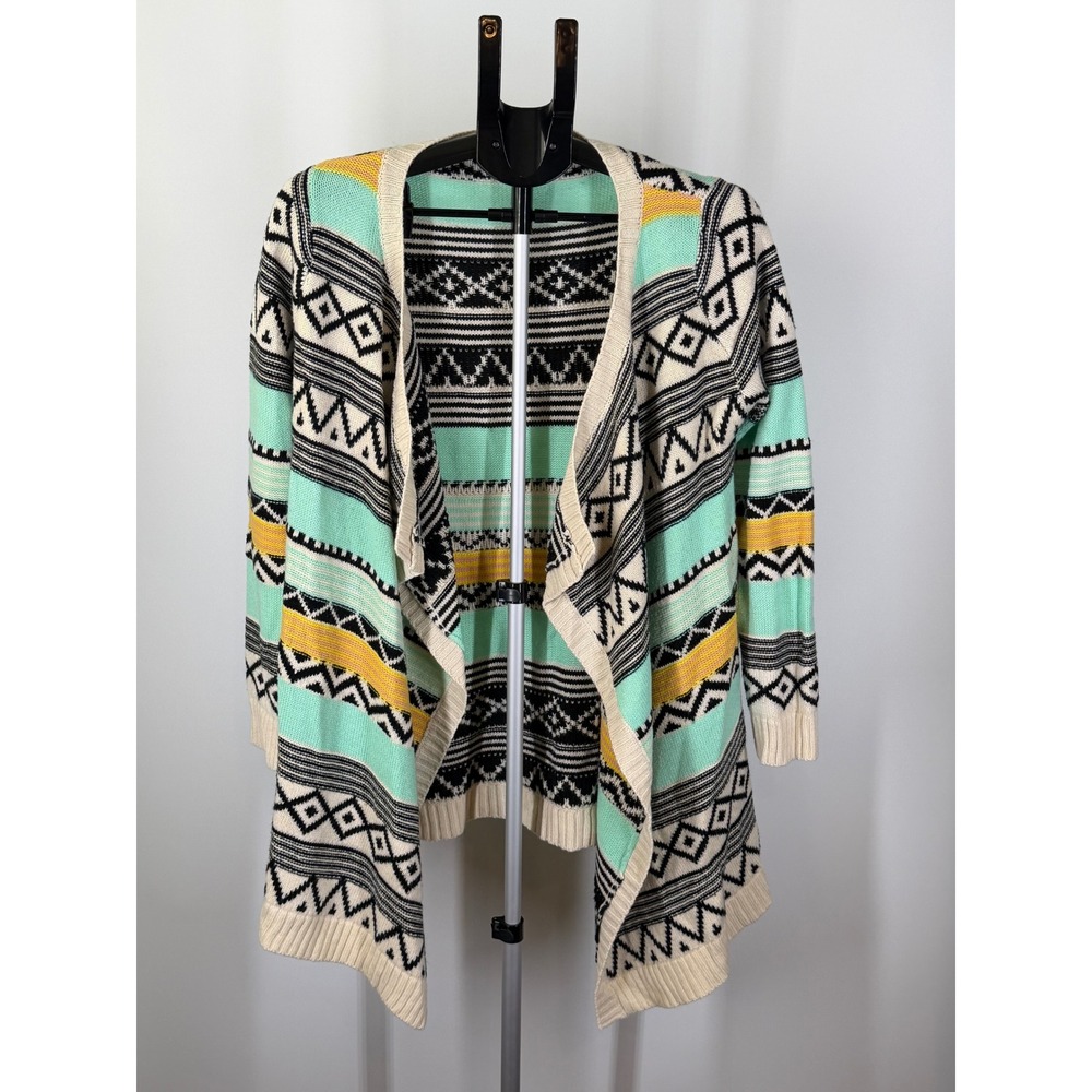 Kate Collection Womens Medium Mint Green Geometric Waterfall Cardigan Sweater
